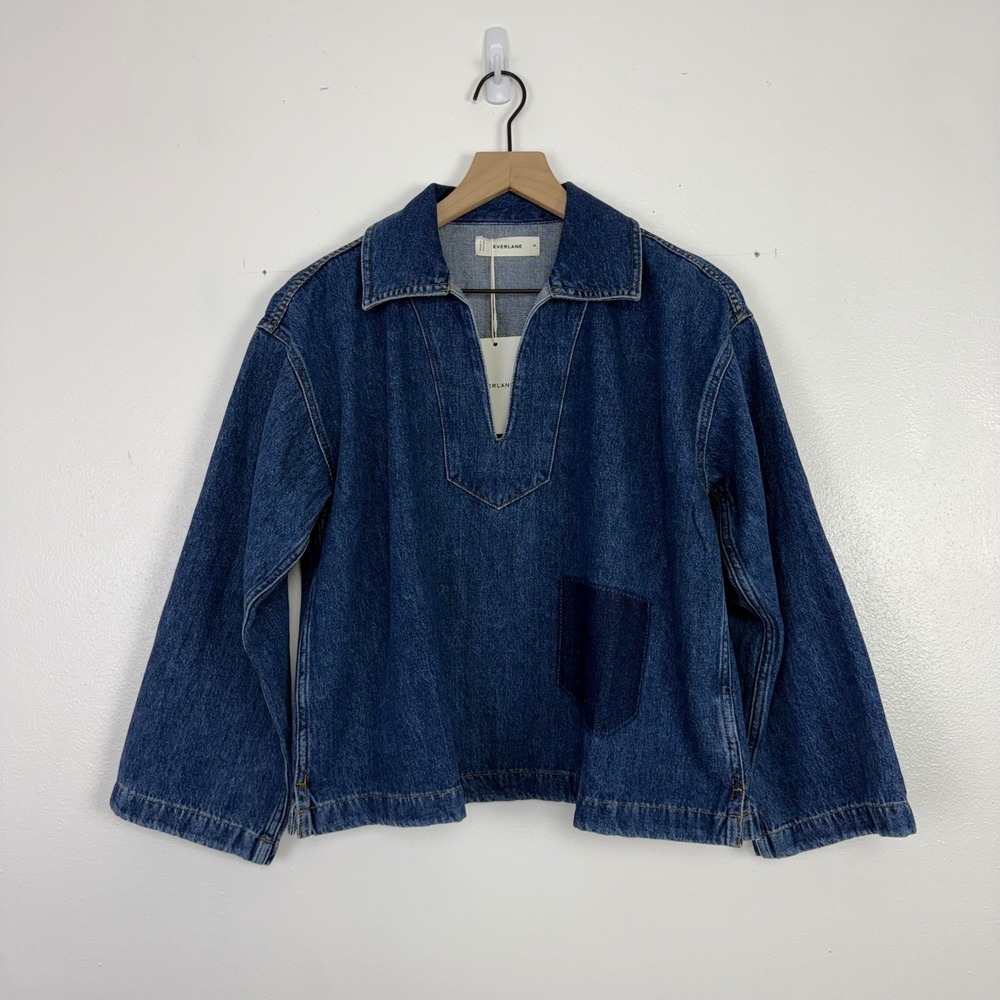 NWT Everlane Cropped Denim Tunic Top Women M Blue Organic Cotton Pullover V Neck